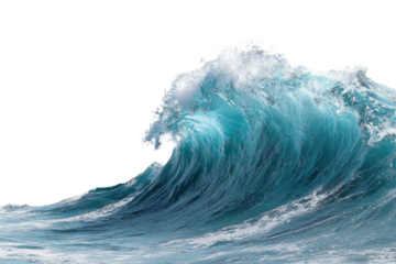 Powerful ocean wave crests, foam spraying, against black