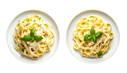 Two plates of fettuccine with creamy sauce and basil garnish