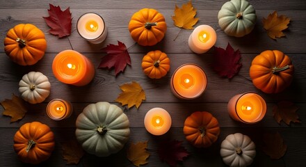 Autumnal arrangement of pumpkins candles and leaves overhead view