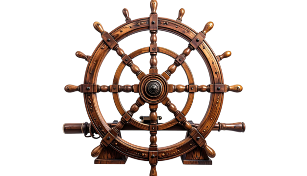 Intricate wooden ship's wheel against black backdrop
