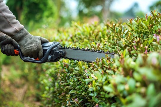 Close up of a man's hand using a hedge trimmer to meticulously prune hedges in a garden setting during daylight hours