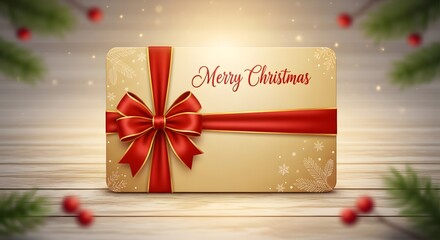 Christmas gift card with red bow and ribbon on wooden background