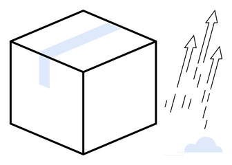 Cube-shaped object with tape detail and arrows pointing upward suggesting development, improvement, or shipment. Ideal for growth, creativity, entrepreneurship, logistics, innovation, strategy