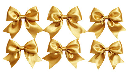 Six golden silk bows arranged on a dark backdrop