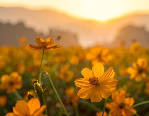 Field of yellow flowers basking in warm, golden sunlight