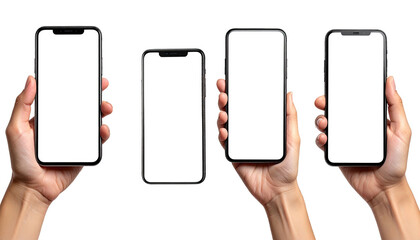Hands hold phones; four devices with empty, white screens