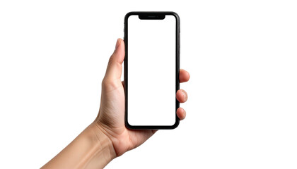 Holding up a mobile phone with a blank white screen