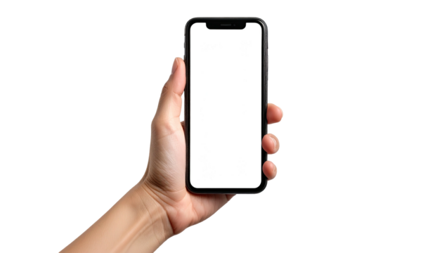 Holding up a mobile phone with a blank white screen