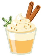 Festive winter holiday beverage with whipped cream topping cinnamon sticks and evergreen sprig art