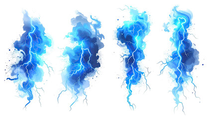 Four lightning bursts with cloudy, electric textures on black