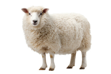 Fluffy white sheep standing, facing camera, dark backdrop