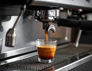 Espresso machine dispensing fresh, dark coffee into a glass