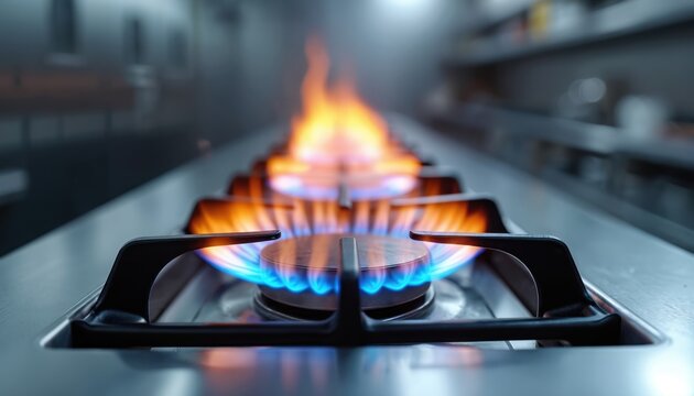 Close up photo of commercial kitchen stove with gas burners ablaze. Bright blue and orange flames burn. Culinary concept of cooking with fire and high heat.