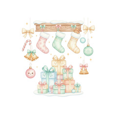 A cozy Christmas scene with stockings, gifts, and ornaments,  white background