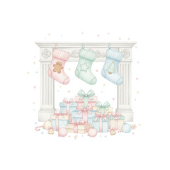 A cozy Christmas scene with stockings, gifts, and ornaments,  white background
