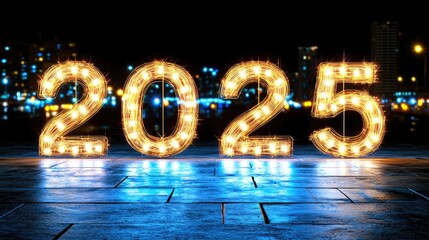 Glowing 2025 Numbers Displayed with Bright Lights at Night Over a City Landscape with Reflections in Water