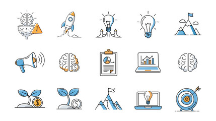 Business Startup and Innovation Icon Set, Growth Strategy, Idea Generation and Analytics Vector Concepts.