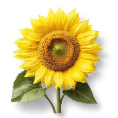 Obraz premium Vibrant Sunny Sunflower Bloom Isolated on White Background with Lush Green Leaves Detailing Nature's Beauty and Brightness