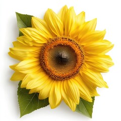 Vibrant Sunflower with Bright Yellow Petals and Dark Center Surrounded by Green Leaves on White Background