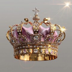 Elegant royal crown adorned with sparkling jewels and soft pink fabric on a gray background