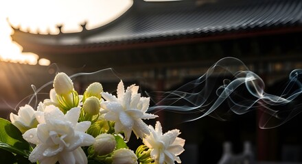 Fragrant jasmine flowers with smoke and a traditional asian building in the background at sunset