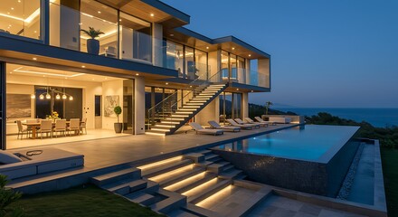 Fototapeta premium Luxury modern minimalist home with a pool and ocean view at dusk