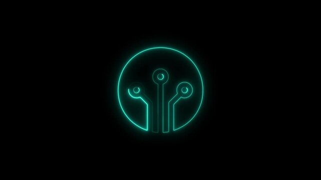 Neon cyan abstract network node icon on black background connection technology