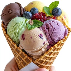 Colorful Assortment of Ice Cream Scoops in Waffle Cone Held by Hand with Fresh Berries and Mint Leaves