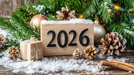 Festive New Year 2026 Wooden Block Surrounded by Christmas Decorations and Snowy Pine Cones