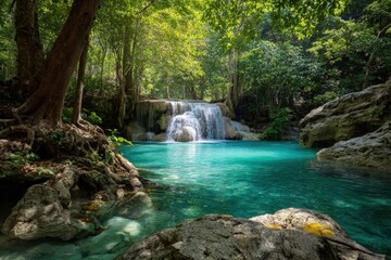 Fototapeta premium Lush tropical waterfall cascading into a turquoise pool (2)