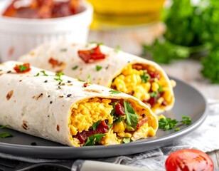 Freshly made burritos filled with scrambled eggs and bacon on a plate