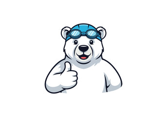 A friendly cartoon polar bear wearing a swimming cap and goggles gives a thumbs up.