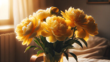 Warm golden peonies in soft morning light create a cozy, elegant home atmosphere. Perfect floral still life for interior design, posters, branding, lifestyle blogs, and modern minimalist decor concept