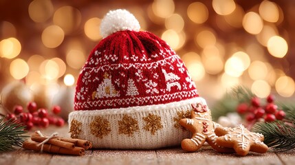 Traditional Christmas Santa Hat with Golden Embroidery and Festive Deco