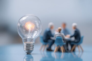 Team of professionals discussing ideas during a meeting with a light bulb symbolizing innovation in a modern office environment