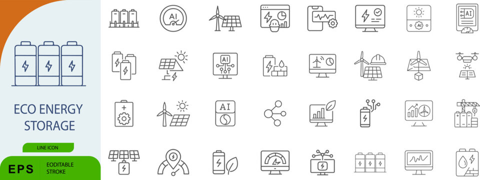 Eco energy storage icon set. Editable vector illustration of renewable power systems, solar panels, and sustainable infrastructure. EPS green technology pack