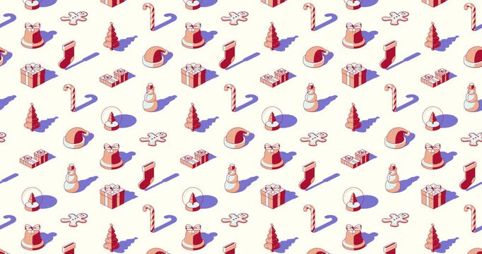 Seamless pattern loop of Christmas related isometric icons with shadows