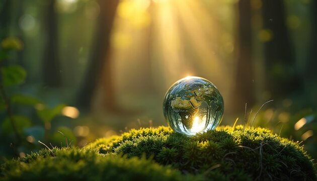 Glass globe rests on moss in forest. Sunlight filters through trees creating magical atmosphere. Symbolizes nature earth environment eco awareness. Shows fragile beauty peace, care sustainable future.