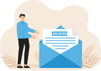 Job offer and recruitment search, career start and vacancy or  Recruitment search, We're hiring posters and Male employee with case acceptance letter with job offer

