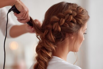 Fototapeta premium Hairdresser making French braid hairstyle to ginger girl in salon. Woman is braided up in a beauty studio blurred backdrop. Girl is sitting on a chair groomed by a stylist holding a red curling iron