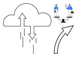 Cloud icon with arrows, two professionals balancing scales, ascending arrow. Ideal for technology, teamwork, collaboration, innovation, business growth balance data communication. Simple flat