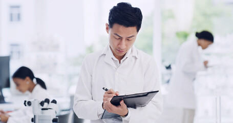 Clipboard, science and writing with man in laboratory for medical development or research....