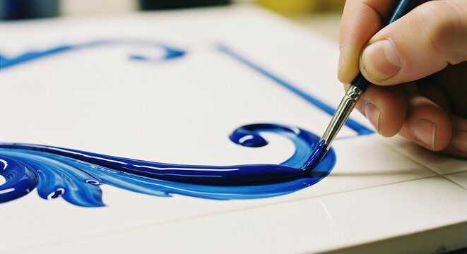 artisan hand-painting a traditional azulejo tile with cobalt blue glaze in a Spanish workshop