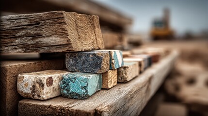 Rough, weathered wooden beams and stone blocks sit stacked outdoors. It evokes themes of construction, industry, and raw, rustic beauty.