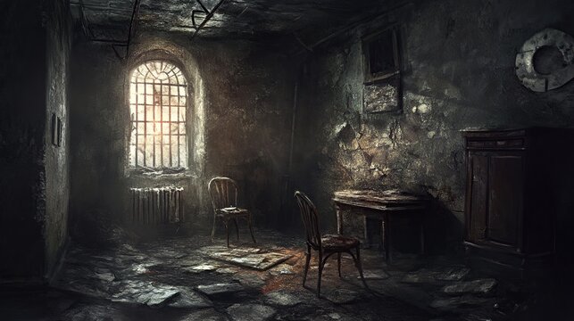 A dimly lit, abandoned room with a single window, a chair, and a small table, evoking a sense of isolation and decay.