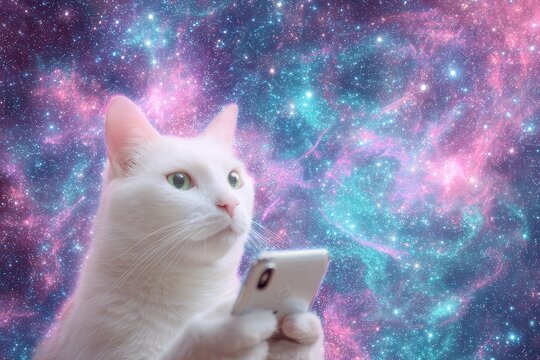 White cat engaging with a smartphone set against a vibrant galaxy background filled with stars and nebulas - Powered by Adobe