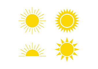 Yellow Sun Icons – Abstract Radiant Symbol Set in Grid Layout. Yellow sun icon set, sunshine, sunrise or sunset.