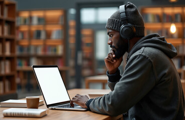 Thoughtful african american man in headphones works on laptop in library. Young pensive student listens to music preparing for university exam. Focused guy learns online using computer for research