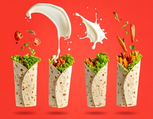 Freshly made wrap assembly, with ingredients in mid-air and on top