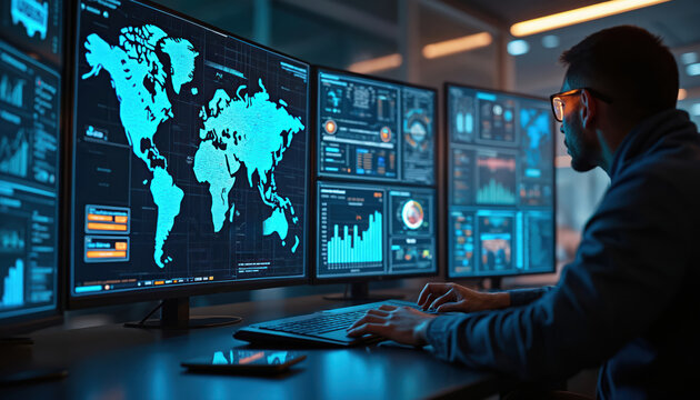 Man works in cyber security operations center analyzing global data on multiple monitors. Screens show world map, charts, threat intelligence dashboards. Focus on digital defense systems, real-time